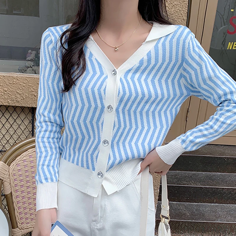 

Striped Knitted Cardigan Long Sleeve Top Women Cropped Sweater Autumn Korean Fashion Turn-down Collar Sweaters Female Clothing
