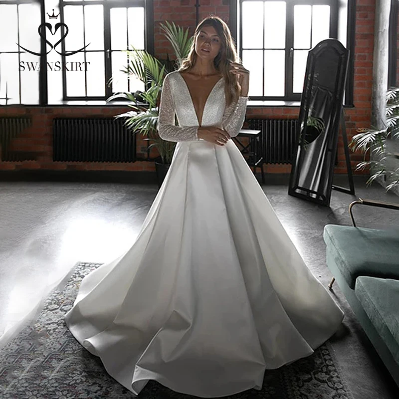 Stunning Satin Wedding Dress SwanSarah HZ32 Simple V-neck Long Sleeve A-Line Princess Bride Gown Customized Vestido De Novia | Свадьбы и