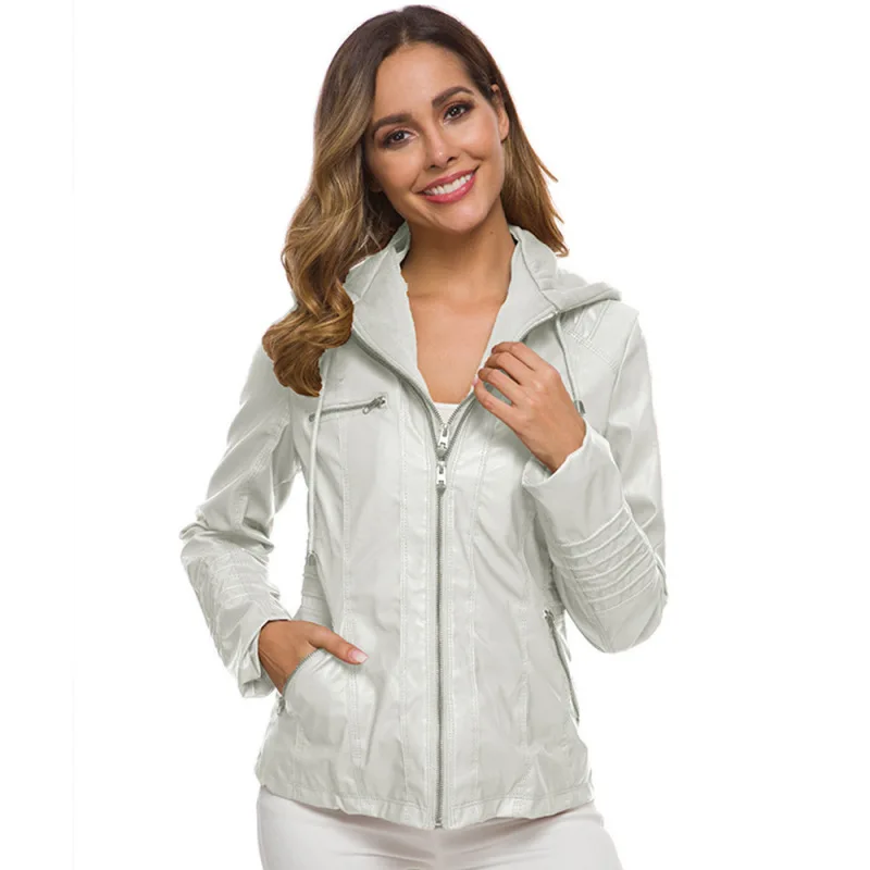 

European and American Detachable Hooded Zipper Long Sleeve Solid Color Women's Leather Jacket