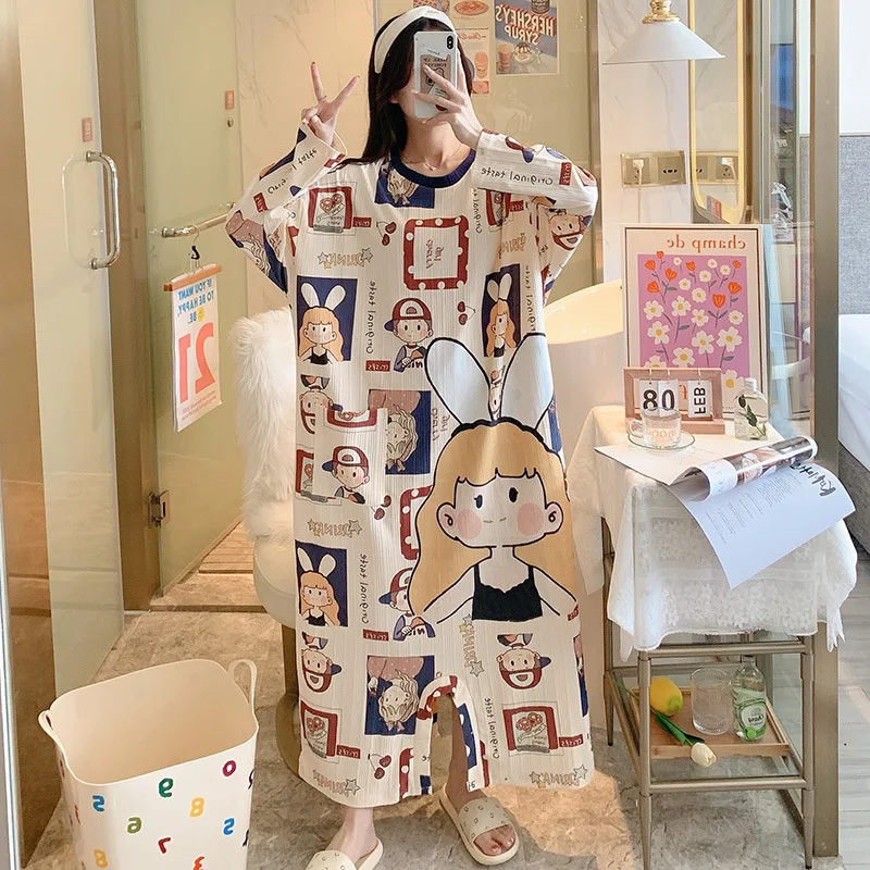 

Пижама с длинным рукавом Женская домашняя одежда на весну и осень свободная Пижама с милым рисунком ночная рубашка Новые товары