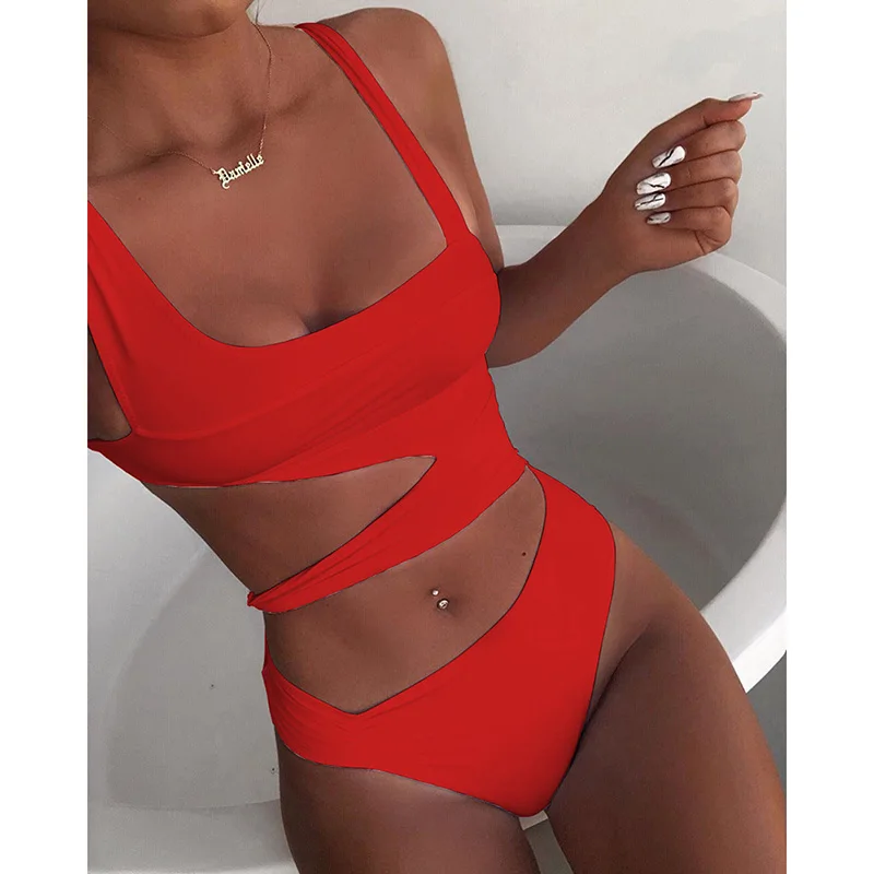 2019ins New Hand Woven Cotton Cut Out One Piece Bathing Suit Beach Bikini
