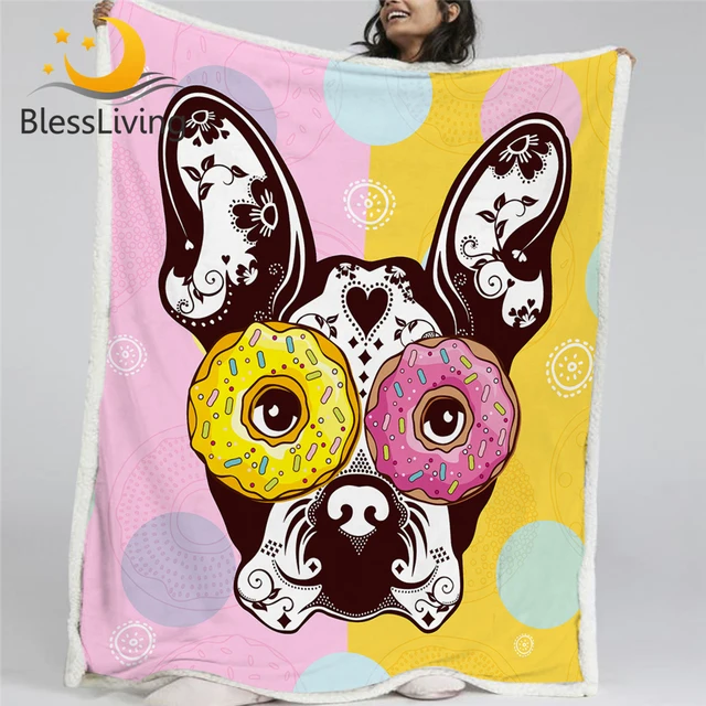 BlessLiving Cartoon Sherpa Fleece Blanket for Kids Hippie Bulldog Linen Blanket Animal Bedding Pink Yellow Donut Custom Blanket 1