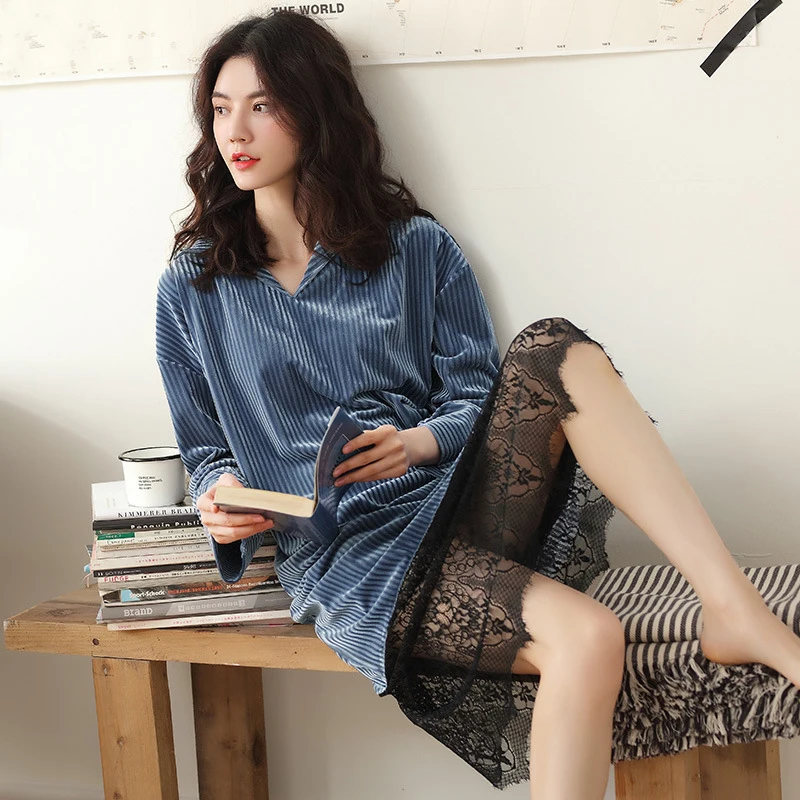 Женская ночная рубашка Осенняя с длинным рукавом Золотая бархатная кружевная