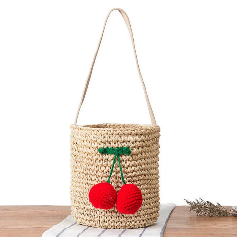 

Fashion Korean Version Hand Woven Cute Cherry Ball Shoulder Bag Beach Holiday Straw Bucket Handbag Crossbody For Women