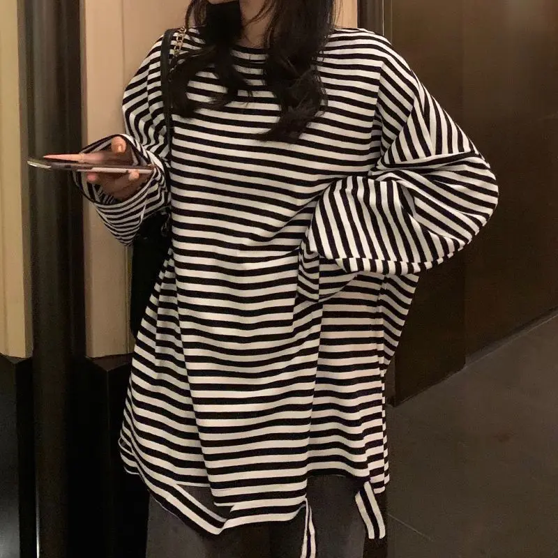 

T-shirts Woman Spring Autumn Striped Printed Bottoming Shirt Oversize Warm Tops Trendy Wild Loose Mid-length Women Clothes