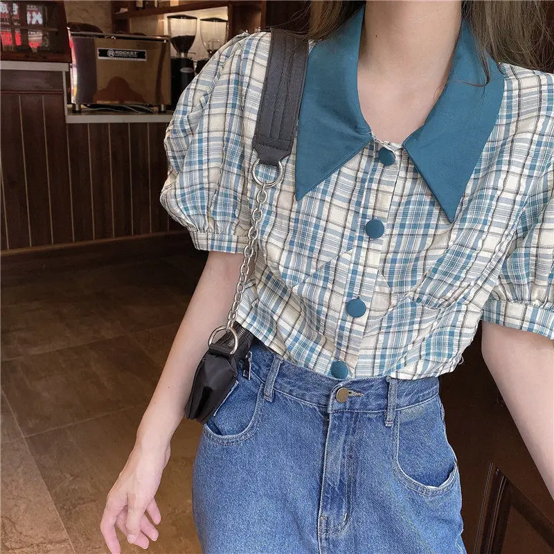 Женская летняя Клетчатая рубашка HOUZHOU в Корейском стиле с пышными рукавами |