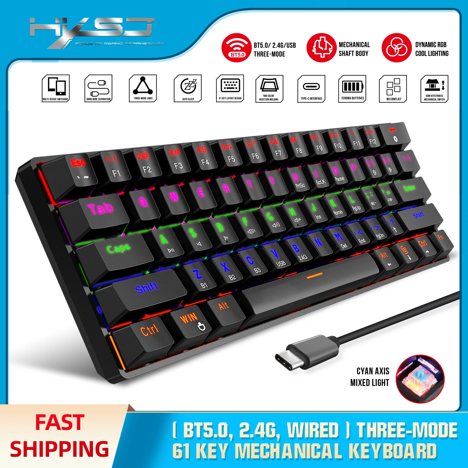 HXSJ New 61-Key Three-mode Green Axis Mechanical Keyboard BT Wireless Support Backlight Built-in 2200 MAh Battery Game Office