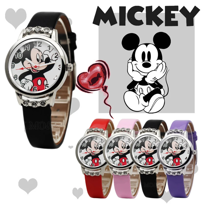 Часы Детские кварцевые с кожаным ремешком изображением Микки Мауса Диснея -