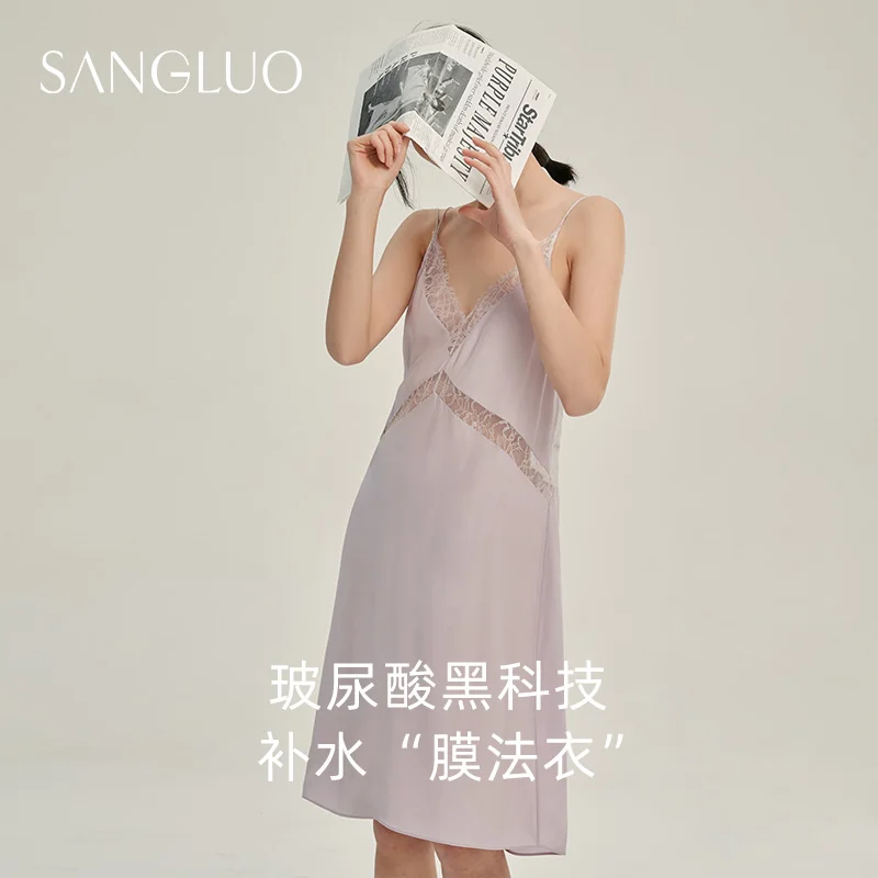 

★Увлажняющая кислота шелковая ночная рубашка SANGLUO тутового кружева весенне-летние пижамы сексуальное обтягивающее и модное платье