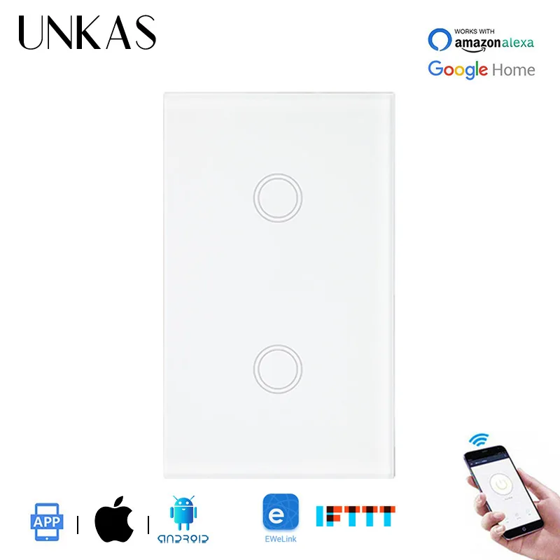 UNKAS Crystal Glass Panel US Standard 2 Gang WIFI Touch Switch Ewelink APP Control Work With Alexa Wireless Light | Обустройство