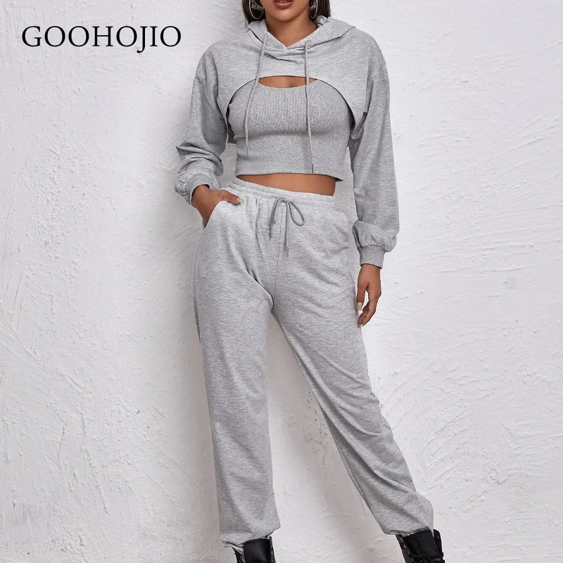 

GOOHOJIO 2021 Spring Autumn New Casual Matching Sets Women Suit Three-piece Sports Suit Women Fashionable High Waist Women Sets