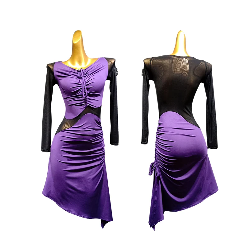 Фиолетовые платья с длинными рукавами для латинских танцев на продажу костюмы