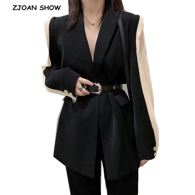 Женский винтажный блейзер с оборками черный пиджак контрастных цветов отложным