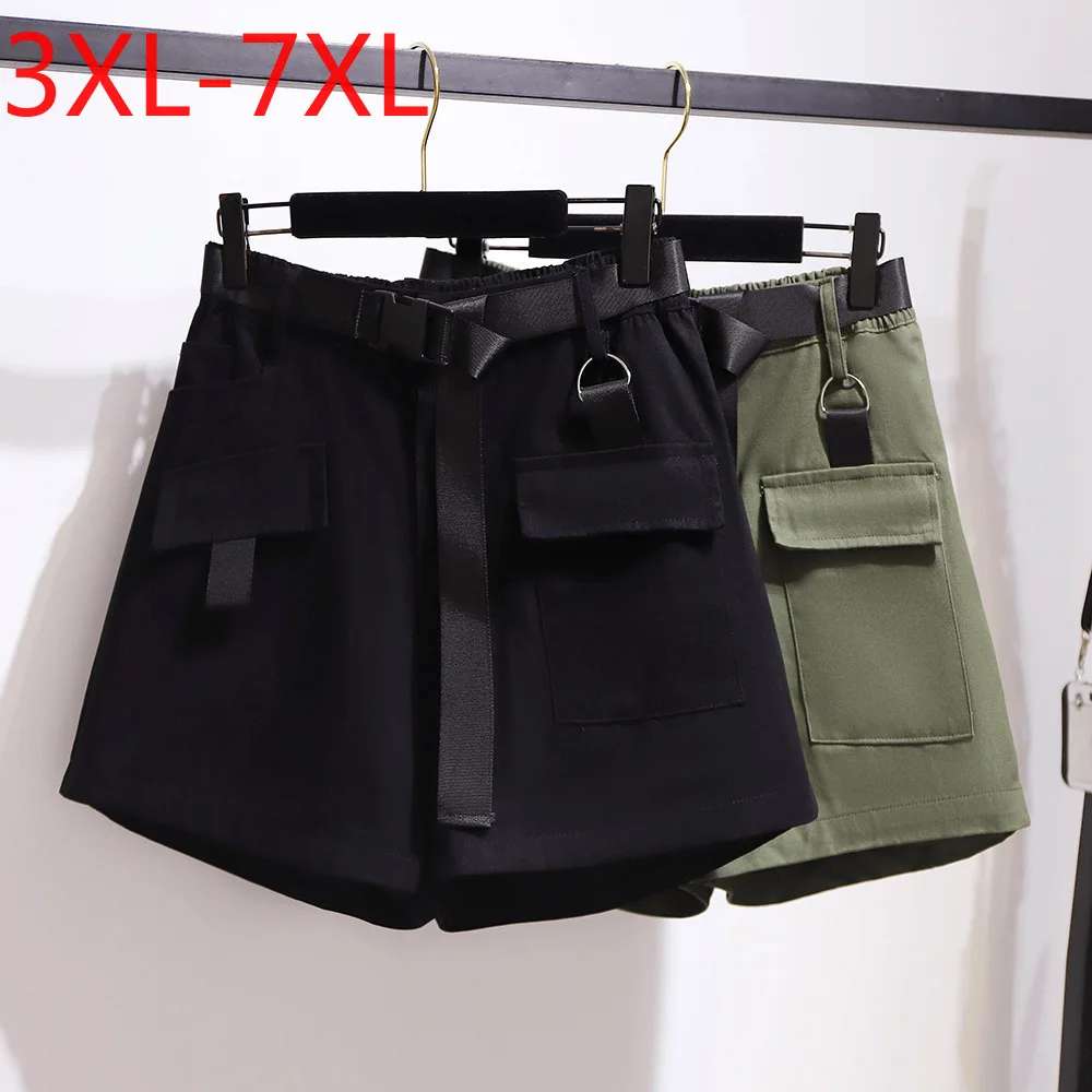 

3XL 4XL 5XL 6XL 7XL New 2021 summer plus size shorts for women large loose casual wide leg cotton black green pocket belt shorts