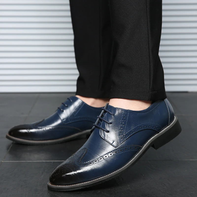 Handmade Men Shoes Big Size 48 Mens Brogues Formal Shoes Classic Lace Up Dress for Wedding Party Blue Mens Italian Leather Shoes