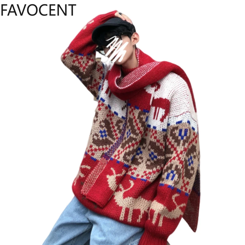 Мужской толстый свободный свитер в этническом стиле с мультяшным принтом модный