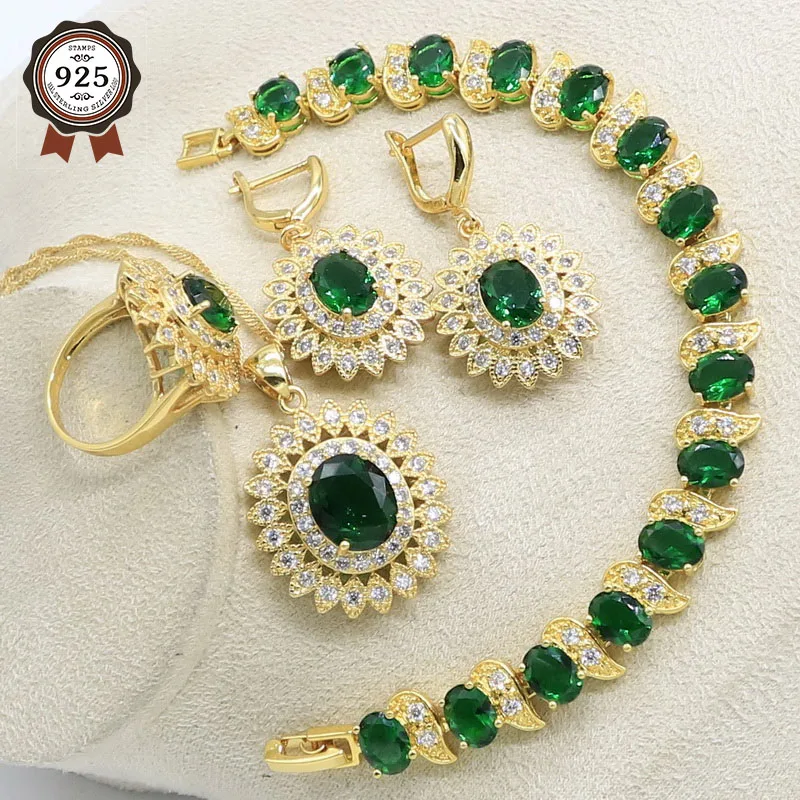 Green Sunflower Gold Color Bridal Jewelry Set for Women Classic Bracelet Earrings Necklace Pendant Ring Birthday Gift