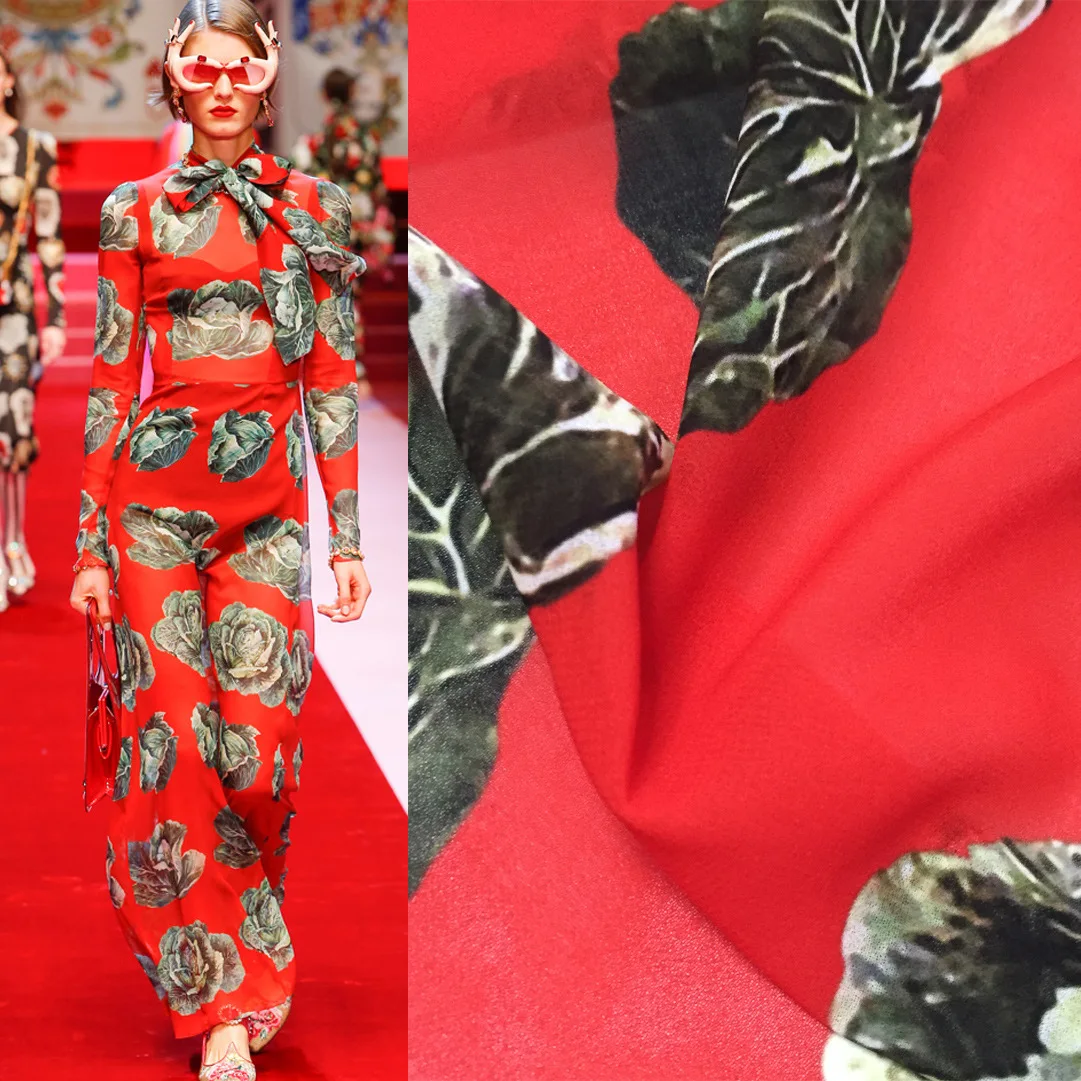 

European and American brand spring and summer classic hand-painted cabbage digital printing chiffon fabric handmade DIY fabric