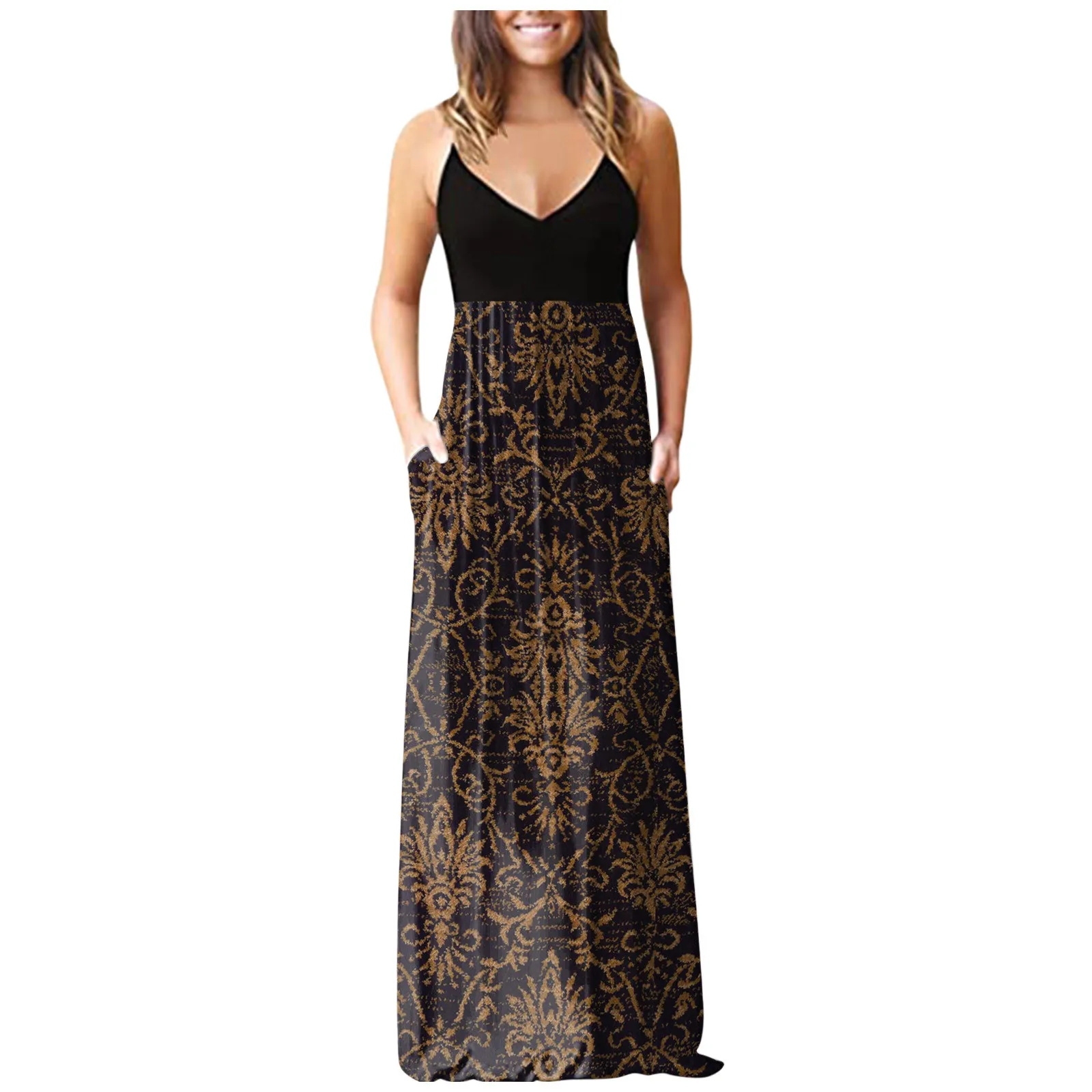 

2021 женское платье без рукавов с карманами, повседневное пляжное Длинное свободное платье макси с цветочным принтом, пляжный Сарафан