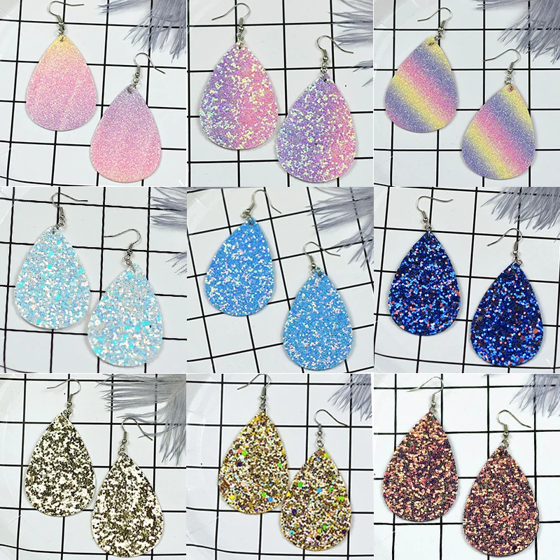Женские кожаные серьги капли с блестками Простые разноцветные Серьги