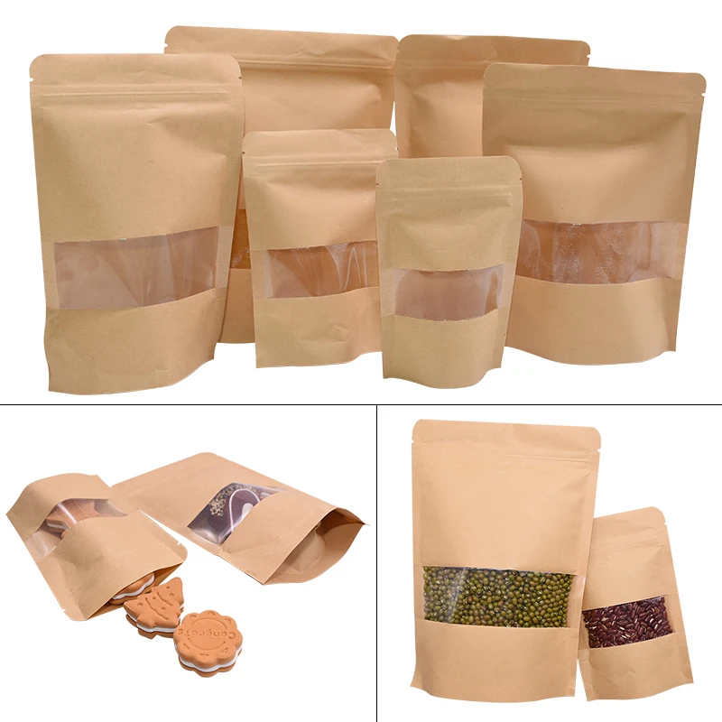 

10pcs/lots Packing Zip Lock Kraft Paper Window Bag Dried Food Fruit Tea Gift Packaging Pouches Zipper Self Sealing Stand Up Bags