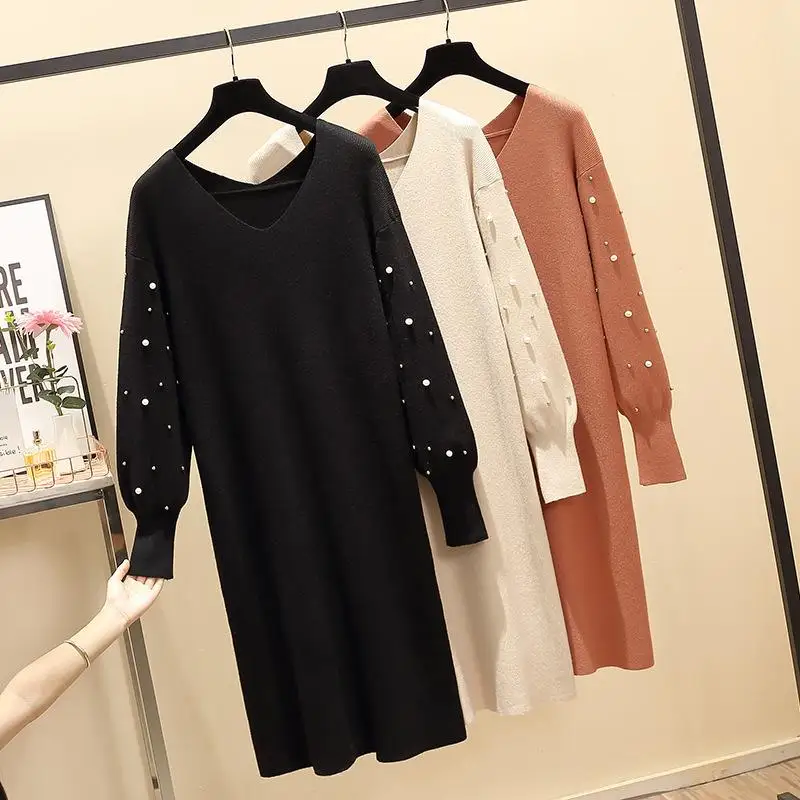 

2020 autumn and winter large size women's Lantern pearl Long-sleeved V Neck Elegant Casual sweater long loose knit dress