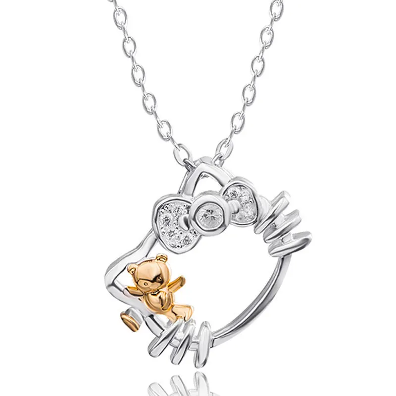 Ожерелье KT женское посеребренное с милым котенком из хрусталя аниме цепочка до