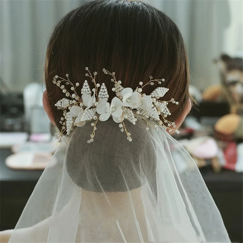 

Pearls Beaded Bridal Comb Headpieces Wedding Veils Ivory White with Comb Cathedral Gold Handmake Flowers Vintage for Brides New