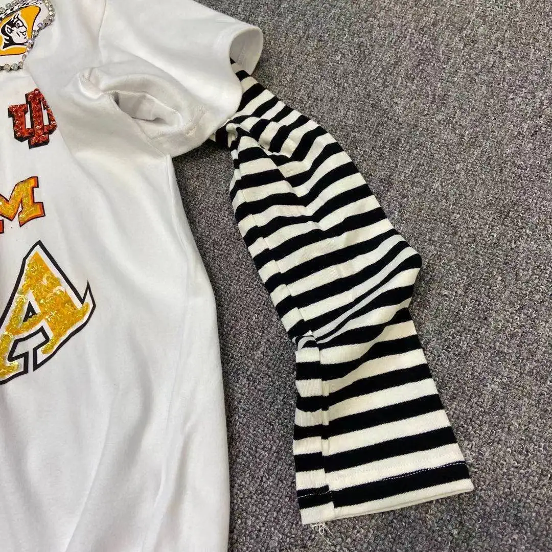 

2021 New Spring Long-sleeved Fake Two-piece Blouse Women 2057 European Goods Leisure Heavy Industry Drill Long-sleeved T-shirt