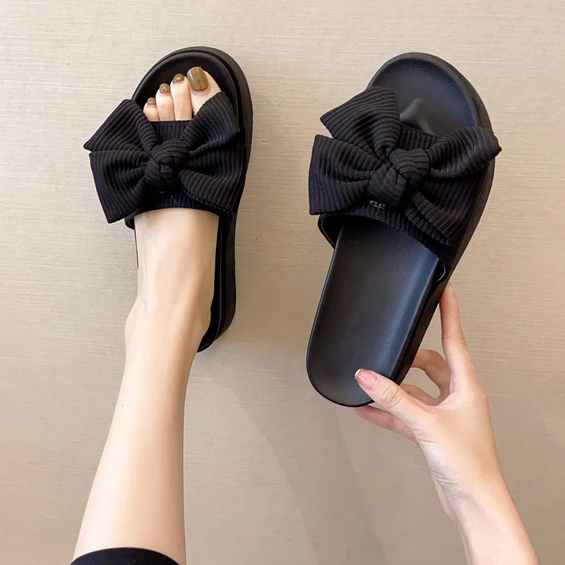 

Shoes Woman 2021 House Slippers Platform Butterfly-Knot Lady Luxury Slides Med Shale Female Beach Pantofle Girl Soft Flat Design