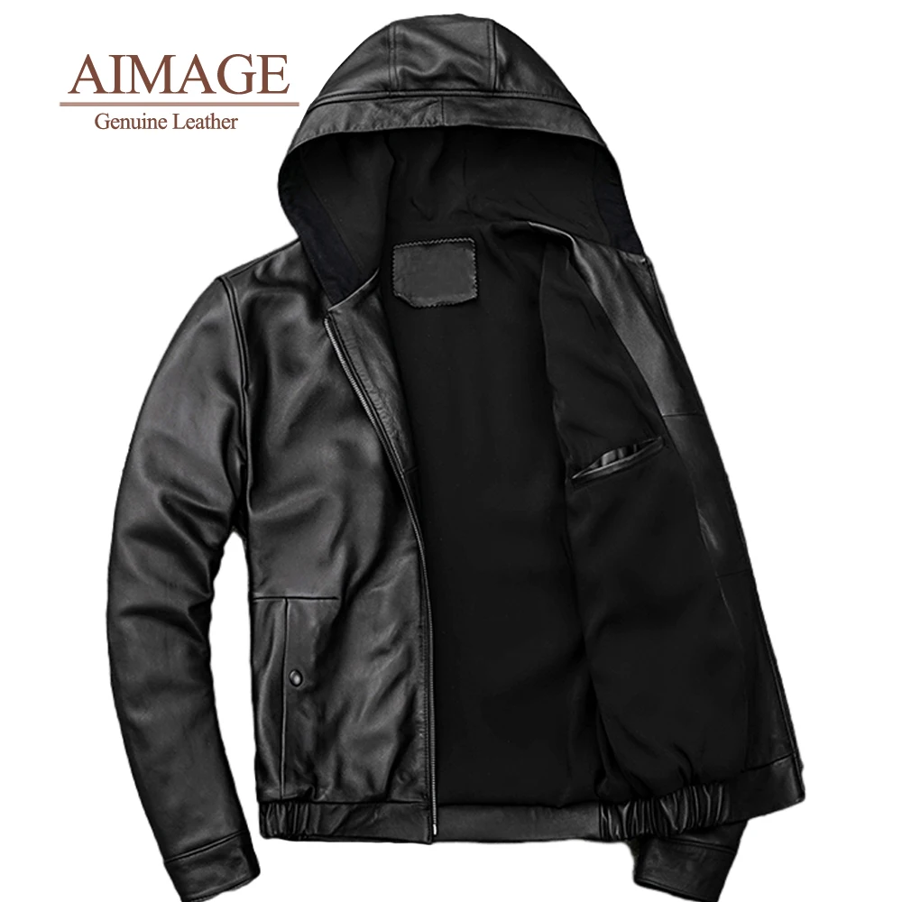 Мужская кожаная куртка с капюшоном осенняя простая из 2021 натуральной овечьей