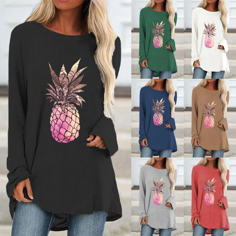 

Autumn Women Fashion Casual Round Neck Long Sleeved Pineapple Printed Shirts & Tops Loose Ladies Graphic T-shirt Blouse Plus Siz