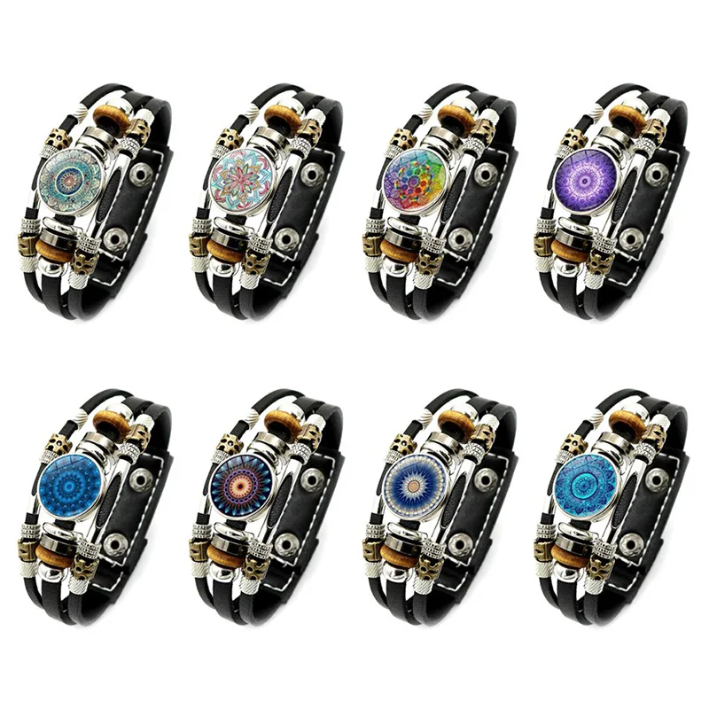 

Fashion Glamour Mandala Black Leather Bracelet Henna Leather Bracelet Yoga Om Symbol Zen Buddhist Glass Snap Bracelet Bangles