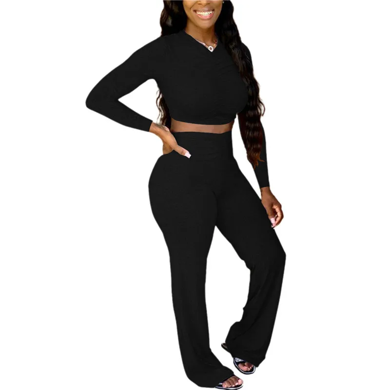 

Women's Plus Size V-neck Cropped Suit Long-sleeved Solid Color Pleated Top + Elastic Waist Trouser Suit Casual Wear