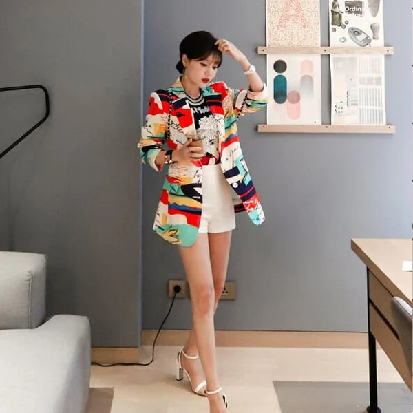 2019 Autumn Korea Thin Blazer Women Long Sleeve Notched Printing Flower multicolor V Neck Pocket Floral Jacket Coat | Женская одежда