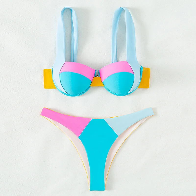 

Women's Colorblock Underwire Bikini Brazilian Triangle Thong Bathing Suits Back Hook Closure Bikinis Swimwear Women