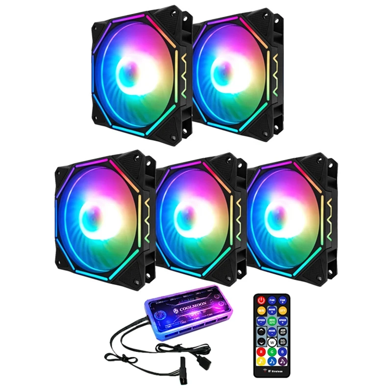 

Вентилятор шасси COOLMOON RGB, бесшусветильник ный полигональный вентилятор 12 см внутри и снаружи + музыкальный контроллер, вентилятор охлаждени...