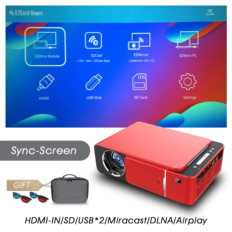 Sync Screen-Red Real tv T6 Full HD Led проектор 4K 3500 люмен 1080p Портативный кинопроектор видеопроектор HDMI USB VGA SD с подарком - Цвет: Sync Screen-Red
