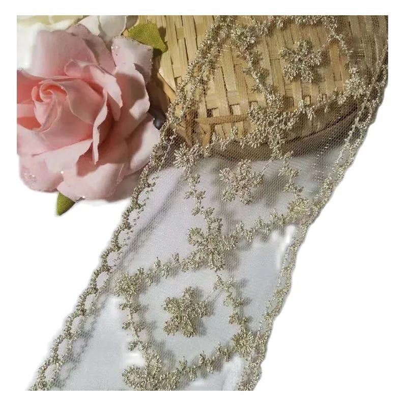 

1Yards Embroidery Lace Flower Applique Gold Ribbon Sewing Trimmings 8cm Ribbons Mesh Lace Fabric For Dresses encaje bordado LA11