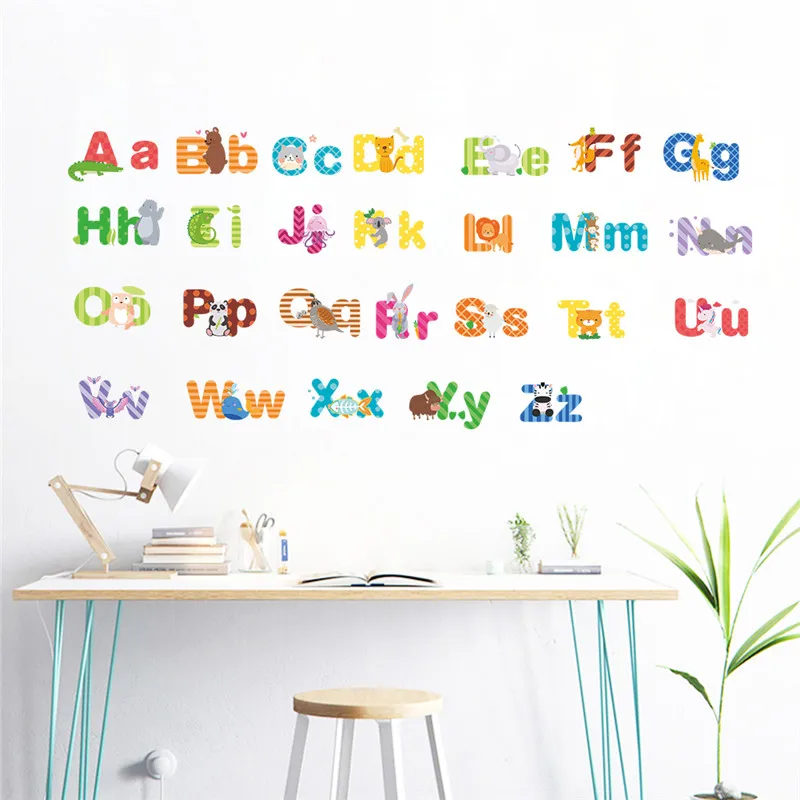 

English Alphabet With Cute Animal Wall Stickers For Kids Room Home Decor Diy Cartoon Safari Mural Art Nursery Wall Decals