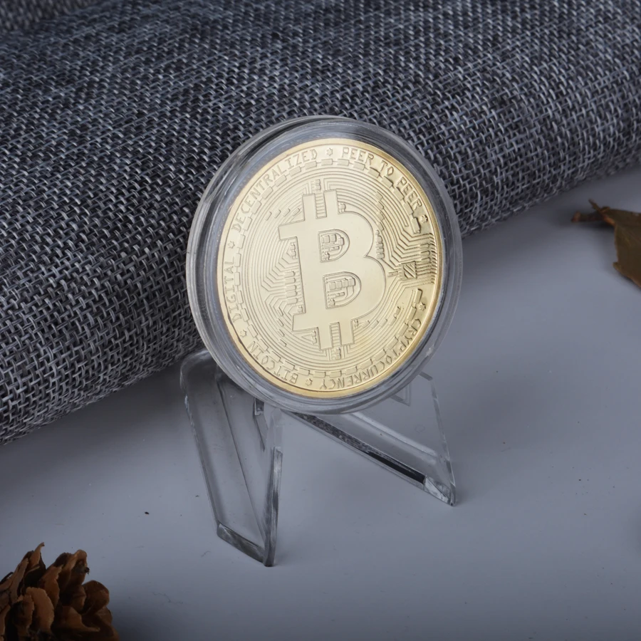 Сувенирная позолоченная монета Биткоин в акриловой коробке коллекционная