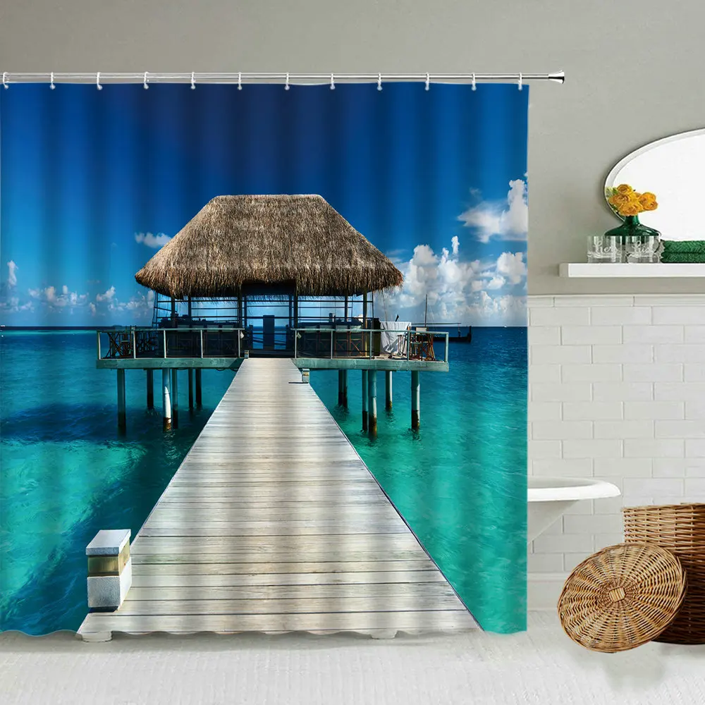 

Seaside Lake Pier Sky Sunset Shower Curtain Natural Scenery Bathroom Waterproof Polyester Curtains Home Decoration With Hook Set