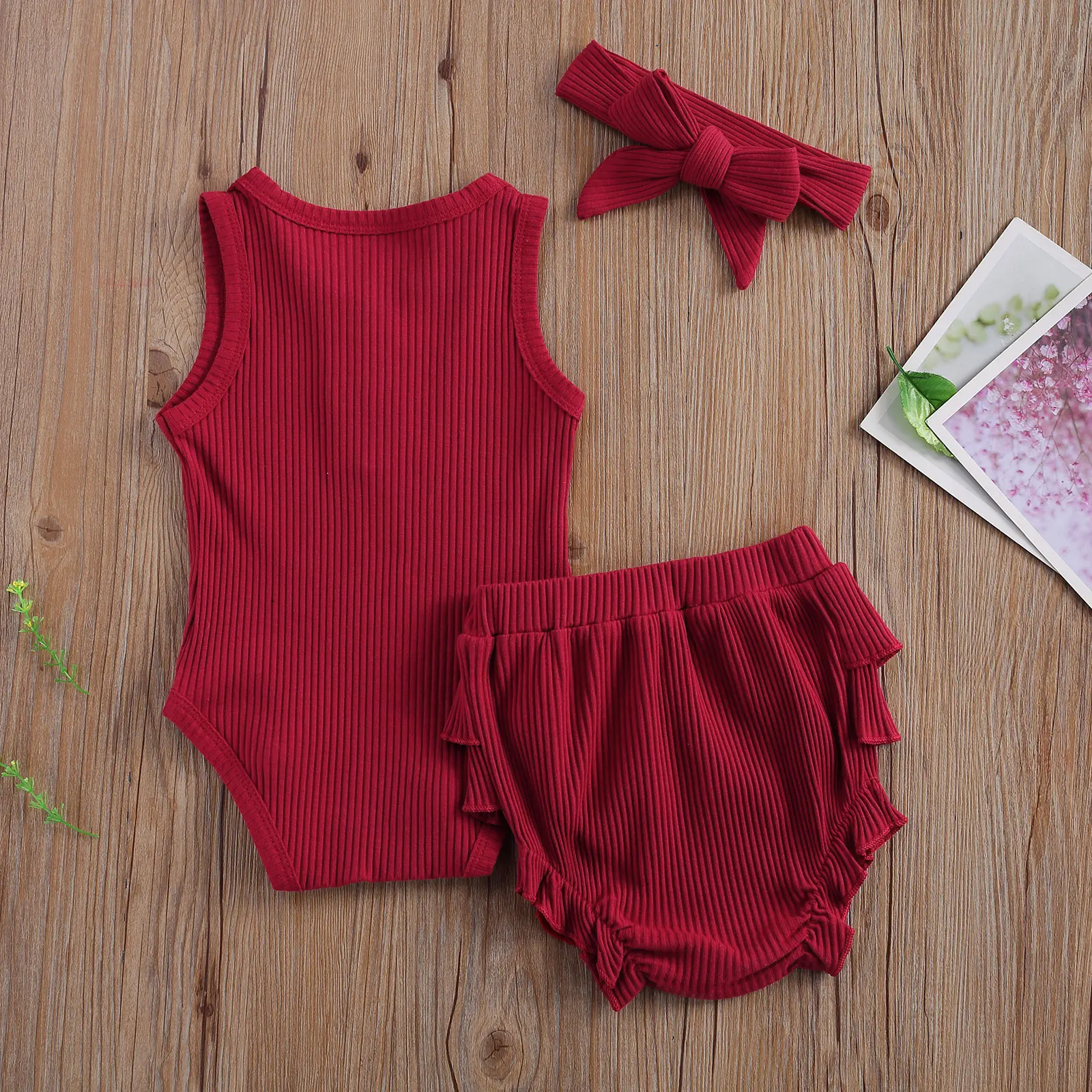 

Summer Infant Clothing Toddler Kids Baby Boys Girls Clothes Sleeveless Romper Top+Ruffles Shorts+Headband Ribbed Knitted Outfits