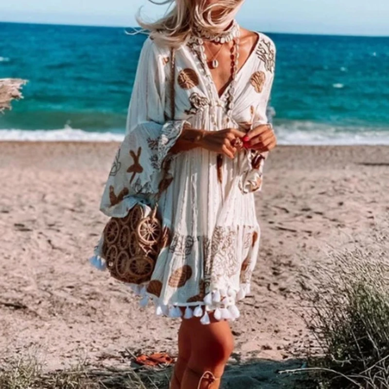 

Spring Summer Elegant Floral Printed A-Line Dress Women Sexy Deep V Neck Loose Dresses Casual Beach Bohemia Tassel Dresses 5XL