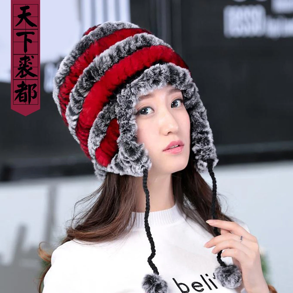Lady Real Fur Earflap Hats Women Natural Rex Rabbit Fur Beanies Cap Russian Winter Warm Genuine Fur Hat Wholesale