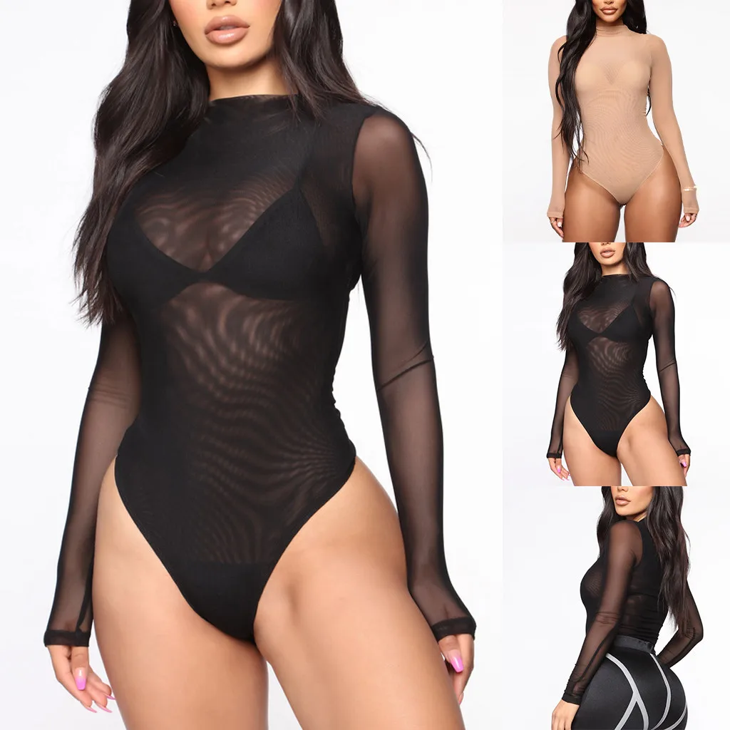 Black Flesh Slim Sexy Body For Woman Long Sleeve Teddy Lace Bodysuit Overalls Mujer Women Jumpsuit #J |