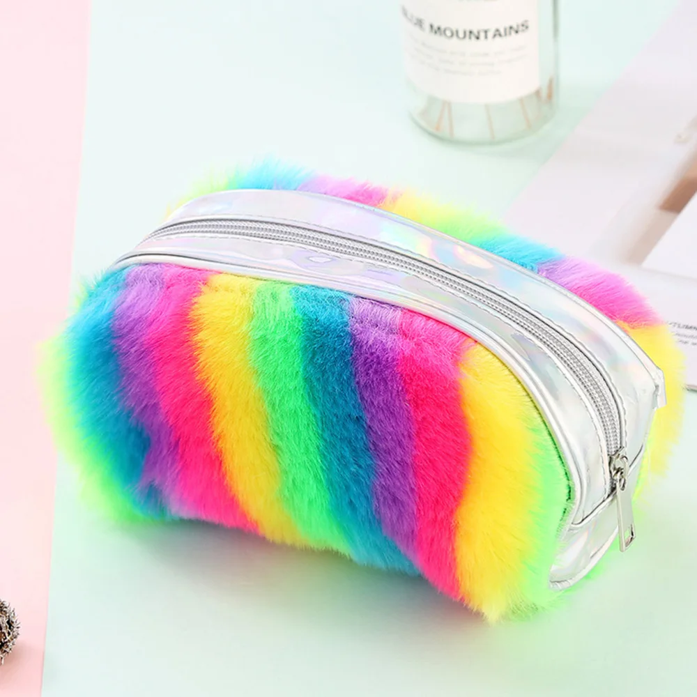 

Rainbow Color Plush Pencil Bag Large Capacity Stationery Storage Bag (Rainbow Color)