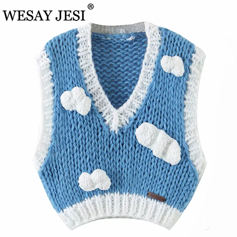 

WESAY JESI Women Sweater Vest TRAF ZA New Fashion Oversize Cropped Knitted Sweater Vest Cartoons Fashion Sleeveless Pullover