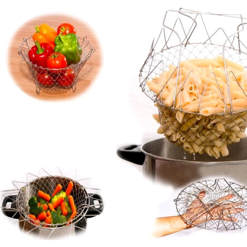

1pc Foldable Stainless Steel Fry Basket Chef Basket Magic Basket Mesh Basket Strainer Net Kitchen Cooking Tool For Deep Frying