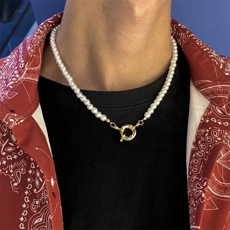 

Simple Short Pearl Beaded Necklace Men and Women Same Fashion Hip Hop Metal Geometric Beads Chain Pendant Choker Jewelry Gift